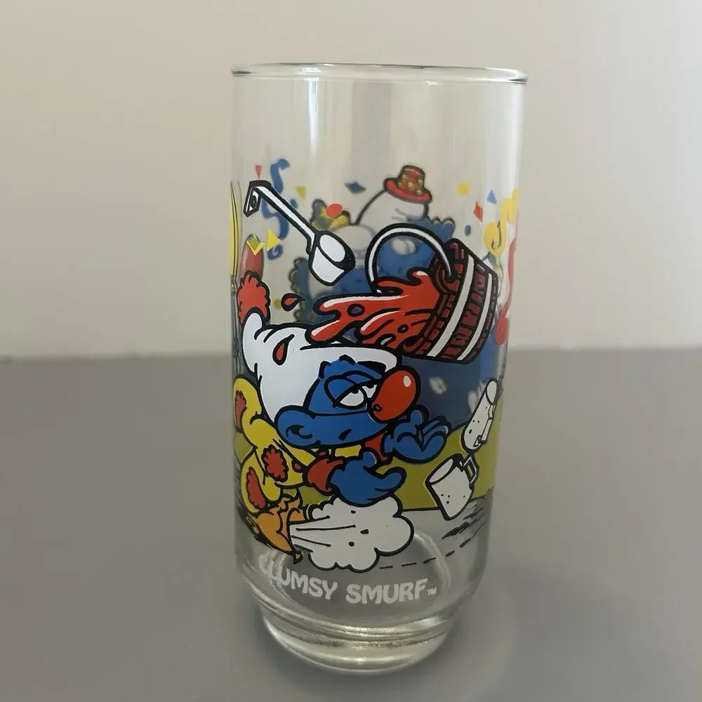 Smurf Clumsy and Harmony Collector Glass/Tumbler 1983 Peyo Vintage 6” Lot of 2
